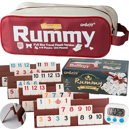 Smilejoy Rummy Cube 8 Player Edition, 214 Tiles in Travel Canvas Bag | Large numbered melmine tiles, 8 playing racks, 6 joker, timer, Travel carry bag, Tile travel game for Festival Gift choice - size: Large (6-8 player)