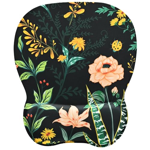EooCoo Ergonomic Mouse Pad with Wrist Rest, Memory Foam Support Mousepad | Non-Slip Base for Computer, Cafe, Home & Office, 9.64 x 8.26 in Office Desk Accessories, Carpal Tunnel Relief - color: Black Petal