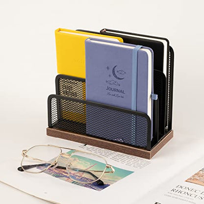 Wooden Desk Mail Organizer, Desktop File Organizer Metal Mesh with 3 Vertical Upright Compartments, Mail Sorter Letter Organizer Rack for Letters, Postcards, Brochures, Mail Holder (2 Pack Black)