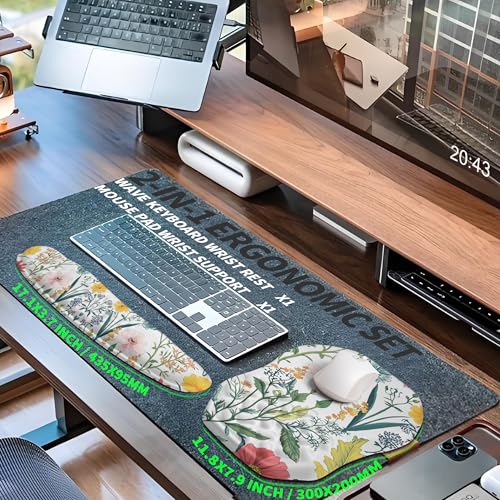 2-in-1 Ergonomic Set, Wave Keyboard Wrist Rest and Massage Slope Mouse Pad Wrist Support, Rebound Memory Foam for Relieve Carpal Tunnel Syndrome and Wrist Pain (Pink Flowers) - color: Pink Flowers