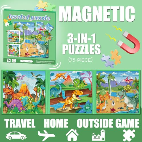 Magnetic Puzzles for Toddlers 3-5 Dinosaur Puzzle Travel Toys for Kids | Jigsaw Puzzles for Kids 75-Pieces Travel Toys Dinosaur Puzzles Ages 4-6 Road Car Trip & Airplane Activities - style: Dinosaur