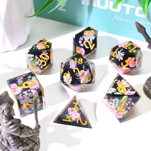 XENOLUX DND Dice Set - Sharp Edge Resin Polyhedral RPG Dice for Dungeons and Dragons Board Games, Elegant Floral Rose Design with Tin Box (L4) - color: L4