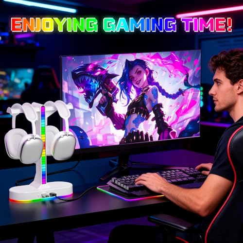 Cool RGB Headphone Stand with Charging Station - Sleek Dual Headset Holder, 3 USB Ports & 3.5mm Audio, 8 Light Modes | Ultimate Gaming Gift for Men, Boyfriend, Teen Boys - Modern White Design - color: White