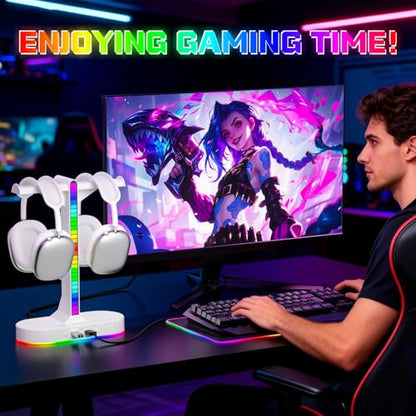 Cool RGB Headphone Stand with Charging Station - Sleek Dual Headset Holder, 3 USB Ports & 3.5mm Audio, 8 Light Modes | Ultimate Gaming Gift for Men, Boyfriend, Teen Boys - Modern White Design - color: White