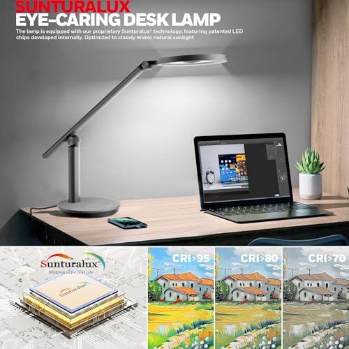 Honeywell H6 Desk Lamp for Home Office, Dimmable Reading Table Light, Gray | Sunturalux CRI≥97, RG0 Low Blue Light, Flicker-Free, 800LM Dimmable with Timer for Webcam, Study, Office & Bedroom - color: Gray