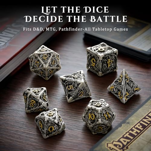 MoKo Dragon Hollow Metal DND Dice Set, Sliver+Gold | 7 Pcs Polyhedral, D20 D12 D10 D8 D6 D4, For Dungeons and Dragons RPG Games, With Gift Box - color: 4 - Sliver+gold