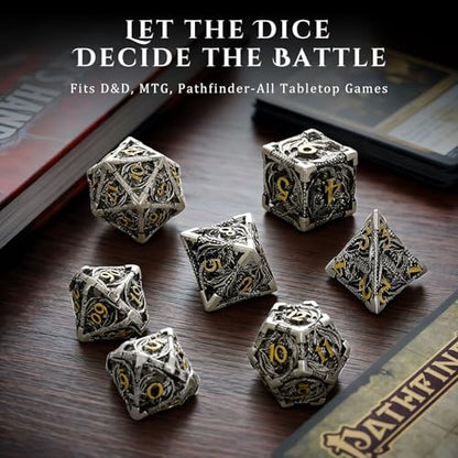 MoKo Dragon Hollow Metal DND Dice Set, Sliver+Gold | 7 Pcs Polyhedral, D20 D12 D10 D8 D6 D4, For Dungeons and Dragons RPG Games, With Gift Box - color: 4 - Sliver+gold