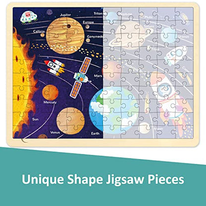 Solar System Wooden Puzzles for Kids Ages 3-5, Space Puzzle 100 Piece Puzzles for Kids Ages 4-6-8-10 with Unique Pieces, Preschool Toddler Jigsaw Puzzle with Tray - style: 100 Piece