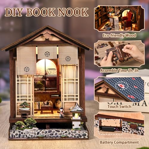 Book Nook Kit - DIY Miniature House Kit for Adults and Teens, Booknook Tiny Japanese Dollhouse Kit Bookshelf Decor 3D Wooden Puzzle, Gifts for Family, Friends - style: Moss Lamp & Garden