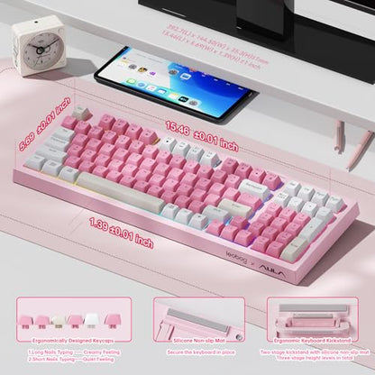 LEOBOG x Aula Pink Keyboard Wireless Creamy Computer Gaming Keyboards | Silent Membrane Keyboard, 98 Keys 2000mAh Quiet Creamy Keyboard with Number Pad, Rechargeable, for PC Mac Office Dorm Rooms - color: Pink