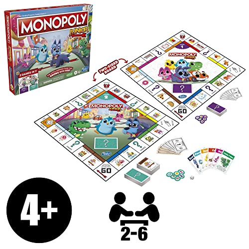 Hasbro Gaming Monopoly Junior Board Game, 2-Sided Gameboard, 2 Games in 1, Monopoly Game for Younger Kids Ages 4 and Up, Kids Games for 2 to 6 Players