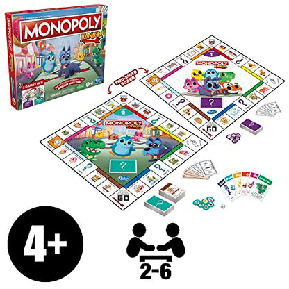 Hasbro Gaming Monopoly Junior Board Game, 2-Sided Gameboard, 2 Games in 1, Monopoly Game for Younger Kids Ages 4 and Up, Kids Games for 2 to 6 Players