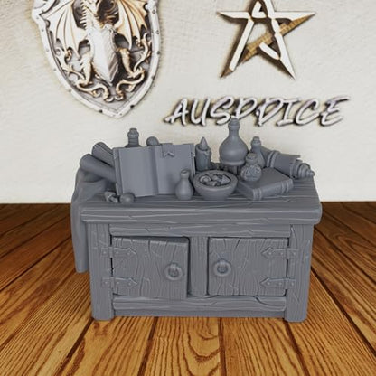 AUSPDICE Alchemy Lab & Scholar Study Cabinets 28mm Unpainted DND Terrain | Miniature Furniture for Dungeon Masters: 2 Cabinets with Books, Scrolls, Potions and an Open Tome for TTRPG Rooms - AS691