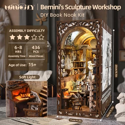 MiniCity Bernini Workshop Book Nook Kit, DIY 3D Wooden Puzzle with LED | Create a sculpture studio for display; LED lighting, glue/tools and guide included; 436 pieces, 6-8 hr build, ages 14+. - style: Bernini's Workshop