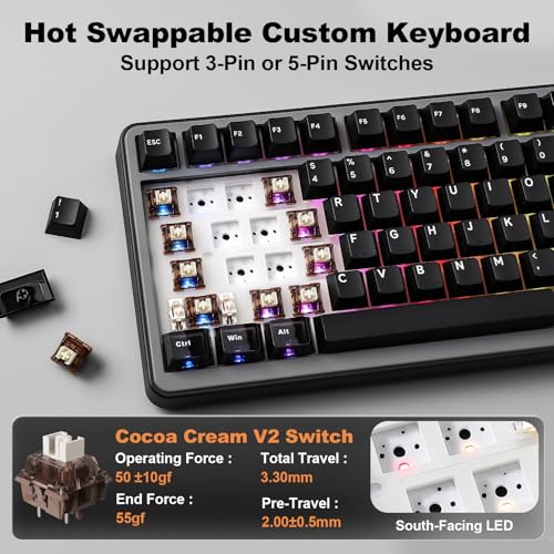 YUNZII B75 PRO MAX QMK/VIA Wireless Mechanical Keyboard | 75% Layout with Screen and Knob, Custom Hot Swap, Gasket, Creamy Switches, for Win/Mac (Black, Cocoa Cream V2 Switch) - color: Black, size: Cocoa Cream V2 Switch