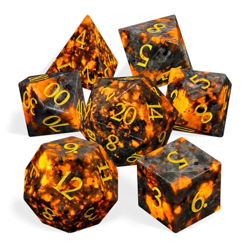 LUCKY-M Natural Flame Yooperlite Gemstone DND Dice, Birthday Gifts for Him, 7PCS Dungeons and Dragons Dice Set with Case for RPG, Handmade Cool Dice Sets D&D - color: Yooperlite Gemstone
