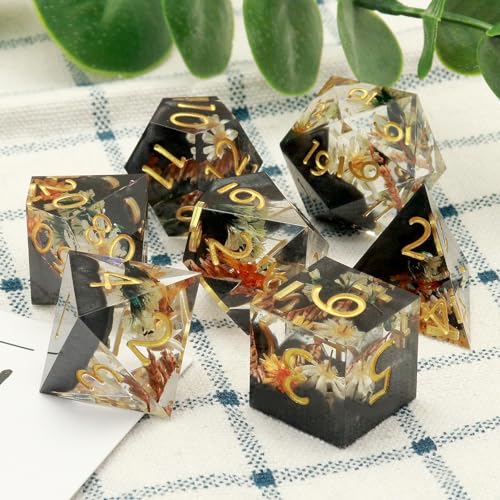 Haxtec Flower DND Dice Set Sharp Edge Resin Polyhedral Dice, Floral D&D Dice with Metal Case, Handmade Flower Inside Dice Set for Dungeons and Dragons TTRPG, Winter Black DND Gift - color: Black