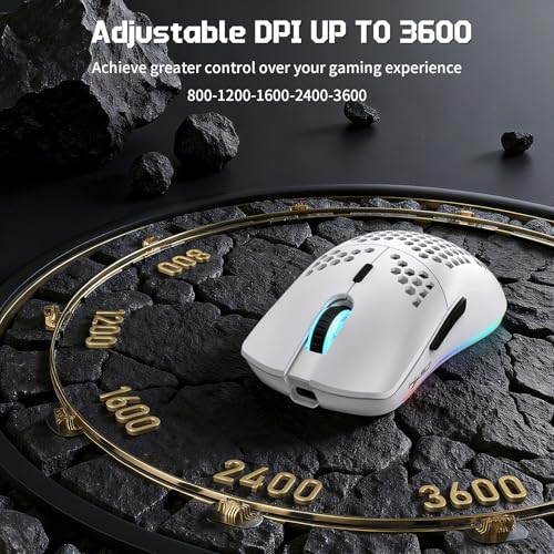 FREEWOLF X HXSJ T66 Wireless Gaming Mouse Tri-Mode Superlight Honeycomb Design PAW3212 3600DPI Sensor 1000Hz Polling Rate Bluetooth/2.4Ghz/Wired Ergonomic PC Mice RGB Light Programmable Buttons-White - color: white