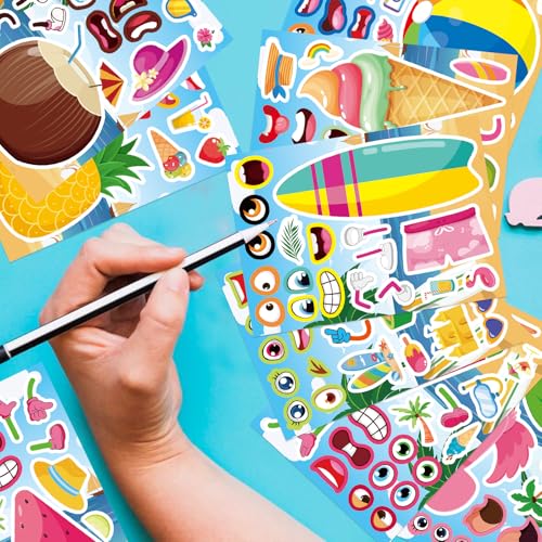 Summer Stickers, Make a Face Sticker, Hawaii Luau DIY Craft Activities | 24 Sheets Make your own Stickers, Flamingo Watermelon Pineapple Beach Party Favors for Kids Toddlers - style: 24 Sheets Summer Stickers