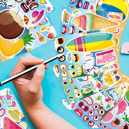 Summer Stickers, Make a Face Sticker, Hawaii Luau DIY Craft Activities | 24 Sheets Make your own Stickers, Flamingo Watermelon Pineapple Beach Party Favors for Kids Toddlers - style: 24 Sheets Summer Stickers