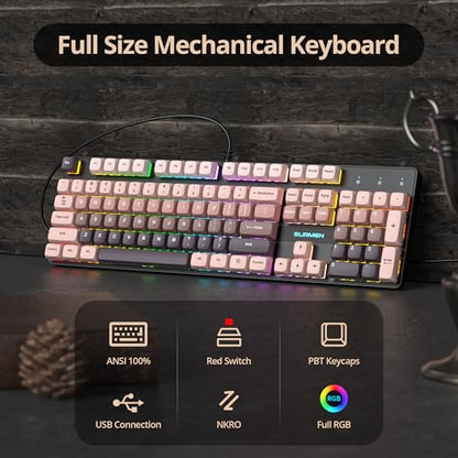 Full Size Mechanical Keyboard, Creamy Keyboard with Number Pad, 104 Keys Wired Gaming Keyboard with Red Switch, RGB Backlit for PC Laptop - color: Rose