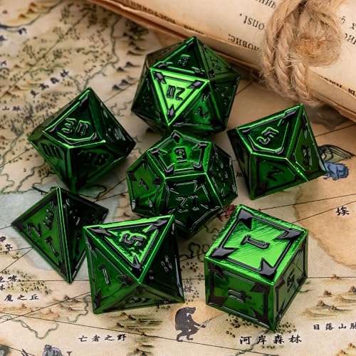UDIXI Green Metal Dice Set D&D Heavy Metallic DND Dice for Tabletop Games | 7-Pieces, Lozenge Pattern, Zinc Alloy Material, Gorgeous Gift Case, DM Gift, for Dungeons and Dragons Role Playing Games - color: Green