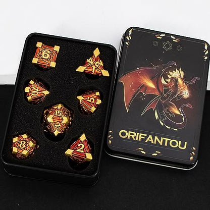 Metal DND Dice Set Golden Red Debris RPG D and D Dice for use with D&D Tabletop Games Role Playing Game Polyhedral Dice Set with Box D20 D12 D10 D8 D6 D4 - color: Red Gold