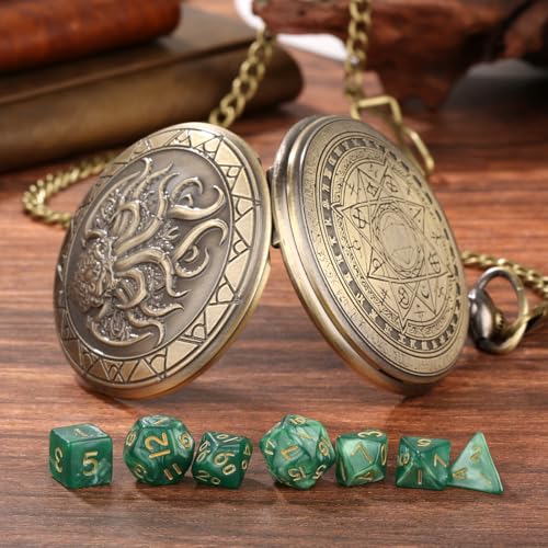 Cthulhu Theme Pocket Watch Dice Set, DND Mystery Dice for RPG COC Pathfinder, DND Starter Set, 7pcs Green Small Polyhedral Acrylic Dice, Fantasy Gifts for Cthulhu Fans, Birthday Gift for Men - color: Cthulhu Theme