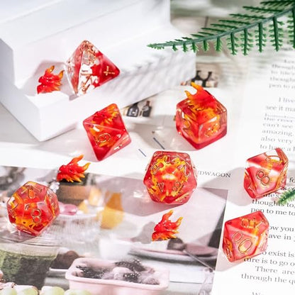 UDIXI 7PCS Dragon DND Dice Set, Resin Polyhedral Dice Set for Tabletop Game | Velvet Storage Bag, DM Gift, for Dungeons and Dragons Role Playing Games Board Games - color: Red Dragon Head