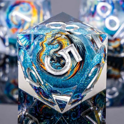 Roycevon Dragon Pattern Liquid Core DND Dice Set, 7Pcs Sharp Edge D&D Dice with Gift Box, Blue Resin Dungeons Dragons D and D Role Playing Dice D20 D12 D10 D8 D6 D4 - color: Blue