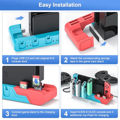 Switch Controller Charging Dock Compatible With Nintendo Switch & Switch OLED Model Joycons, Charging Station For Up To 6pcs Joycon With Game Card Storage (Red+Blue) - color: Red＆Blue