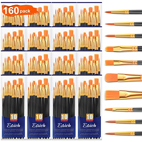 ESRICH Acrylic Paint Brushes Set, 16Packs 160Pcs, Nylon Brush Head | Acrylic, Oil, Watercolor, Rock Body Face Nail Art, Gift for Kids Adult Drawing, Black - color: Black, size: 160