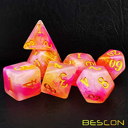 Bescon Magical Stone Dice Set Series, 7pcs Polyhedral RPG Dice Set RoseQuartz, Black Tinbox Packing - color: Rosequartz in Tinbox