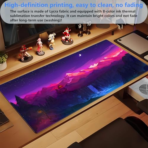 Purple Mountain Desk Mat, Night Sky Large Gaming Mouse Pad 31.5x15.7 in | Aesthetic purple starry night desk pad with comfortable 3mm cushion, smooth fabric top, and non-slip rubber base. - color: Anime Art Scenery1