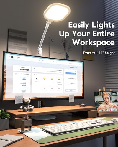 LitONES Tall LED Desk Lamps with Base, Edge-Lit Eye-Care, 50 Light Modes | 40" Height, Dimmable & Flexible, CRI>97.8, Memory and Timer Func, Stable Mental Base for Home Office, Video Calls & Drafting - size: White 1 Pack