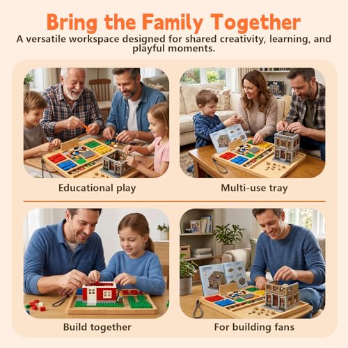 Building Baseplate Table for Lego with Portable Lego Sorting Tray | Wooden Lego building tray featuring 7-compartment brick organizer, instruction holder, lanyard, and portable lego lap table.