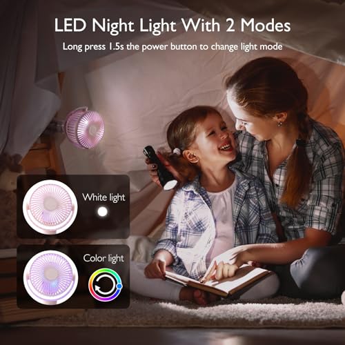 Momcozy 8000mAh Portable Stroller Fan, 27H Ultra-long Battery Life Detachable 4 Speed 360°Rotate LED Night Light with 2 Modes, USB Rechargeable Handheld Cooling Fan for Travel/Car Seat/Bedroom - color: Pink