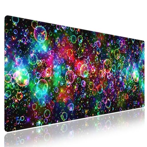 Rainbow Glitter Bubbles Large Mouse Pad, Magical Sparkle Aesthetic Desk Mat | Keyboard Mat Stitched, 31.5" x 11.8", Cosmic Nebula Starry Space, Vibrant Fantasy Abstract Art, Colorful Magical Galaxy - color: Vibrant Design J05K
