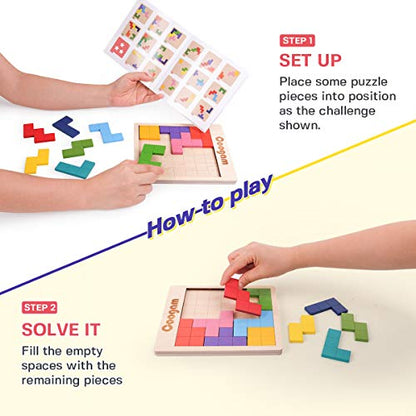 Coogam Wooden Puzzle Pattern Blocks Brain Teasers Game with 60 Challenges, 3D Russian Building Toy Wood Tangram Shape Jigsaw Puzzles Montessori STEM Educational Toys Gift for Kids Adults