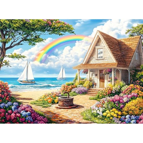 500 Piece Puzzles for Adults, Cozy Beach Cottage 500 Piece Puzzle, Vibrant Rainbow Sky Jigsaw Puzzle, Perfect for Family Game Night, Home Wall Decor, Ideal Gift for Adults, Kids, Seniors, 20.5 x 15 in - style: Seaside Rainbow
