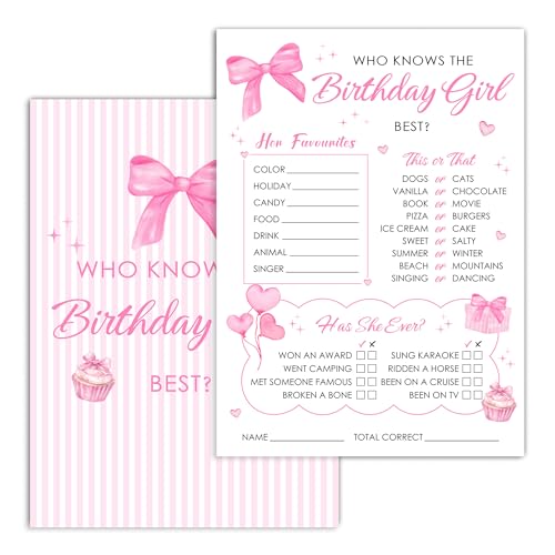 Birthday Party Card Games, Pink Bow Themed Who Knows The Birthday Girl Best Game Cards, Fun Sleepover Party Game For Kids Adults, Fun Girls Night Activities Supplies, 06 - color: Pink Bow Who Knows The Birthday Girl Best