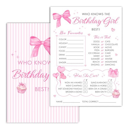 Birthday Party Card Games, Pink Bow Themed Who Knows The Birthday Girl Best Game Cards, Fun Sleepover Party Game For Kids Adults, Fun Girls Night Activities Supplies, 06 - color: Pink Bow Who Knows The Birthday Girl Best