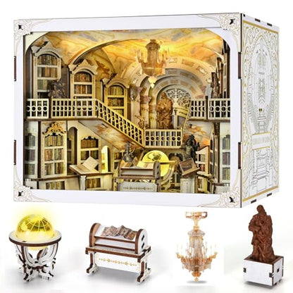 MiniCity Library of Gods Book Nook Kit, DIY Wooden Miniature Scene with LED | Build an abbey library in 6-8 hr; 314-piece kit includes LED, dust cover, glue/tools and guide for shelf display, ages 14+. - style: Library of Gods Max