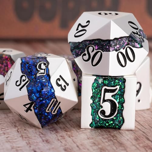 Polyhedral Metal Dice Set,7pcs Set Glitter Stripe DND Dice with Gift Box for RPG - color: Pearl Silver Seven Colors