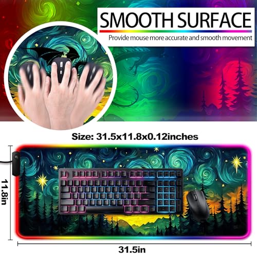 RGB Fantasy Starry Night Forest and Dragon Gaming Desk Mat, Computer Keyboard Large Extended Long LED Mouse Pad for Office and Home, XL (W05) - color: Rgb-w05