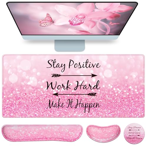 Mousepad Pink, Mouse Pad with Wrist Rest, 4-in-1 Large Mousepad+Keyboard Wrist Rest+Mouse Pad Wrist Support+Cup Pad Set,Ergonomic Mouse Pad,Anti-Slip,Memory Foam Desk Mat for Women Office Gaming - color: Pink Particle