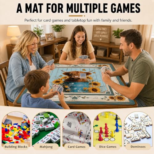 Mahjong Mat–31.5 x 31.5 Highland Cow Sunflower American Mahjong Table Mat, Non Slip Noise Mahjong Gaming Table Cover for Mahjong, Poker, Card, Board Tile Games - color: Highland Cow Sunflower