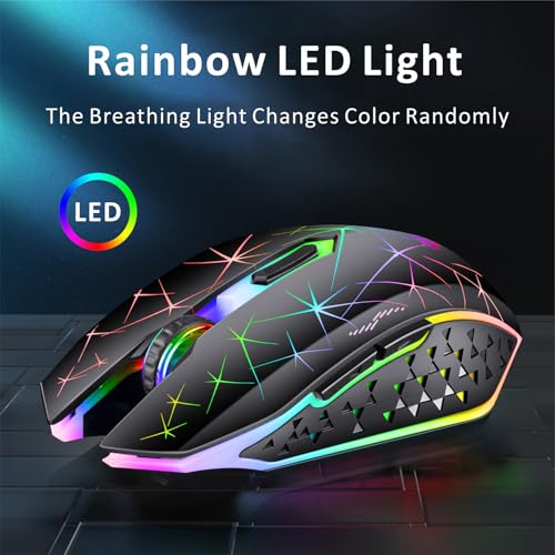 TENMOS V7 Wireless Gaming Mouse,Rechargeable LED Wireless Mice Silent-Black | 2.4GHz Optical, Quiet Click, Rainbow LED Light, Nano Receiver, 2400DPI, Ergonomic, Side Button, Cordless,for Laptop/PC/Mac