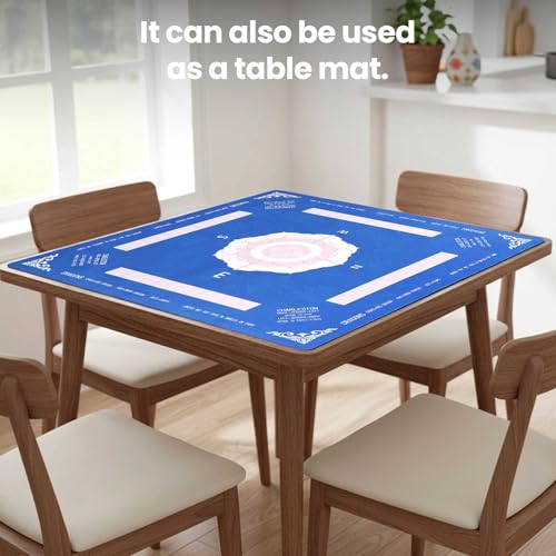 Mahjong Mat with Lotus - 32.4x32.4 Inch - Mahjong Mat for Table, Non-Slip Noise Reduction Mat, Portable Gaming Pad for Mahjong Poker Dominoes Cards & Board Games, for Asian-Themed Game Nights (Blue)