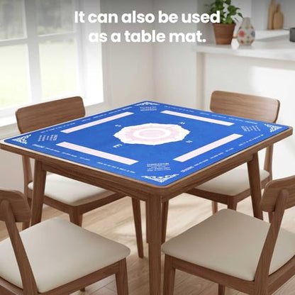 Mahjong Mat with Lotus - 32.4x32.4 Inch - Mahjong Mat for Table, Non-Slip Noise Reduction Mat, Portable Gaming Pad for Mahjong Poker Dominoes Cards & Board Games, for Asian-Themed Game Nights (Blue)